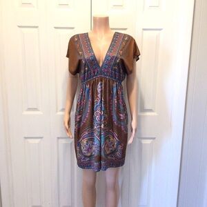 Charming Charlie Womens Brown Floral V-neck Empire Waist Mini Dress Size Large